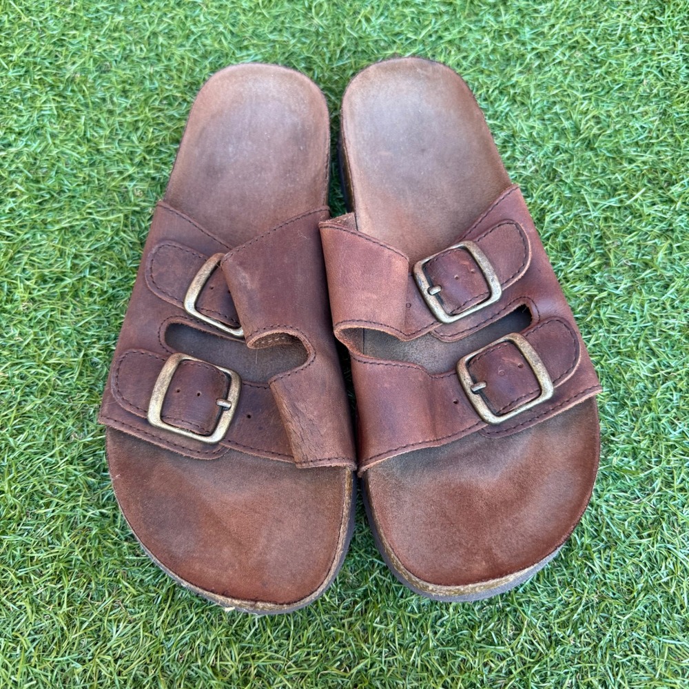 White Mountain Helga Leather Double Buckle Cork Footbed Slides Sandals Size 9 M